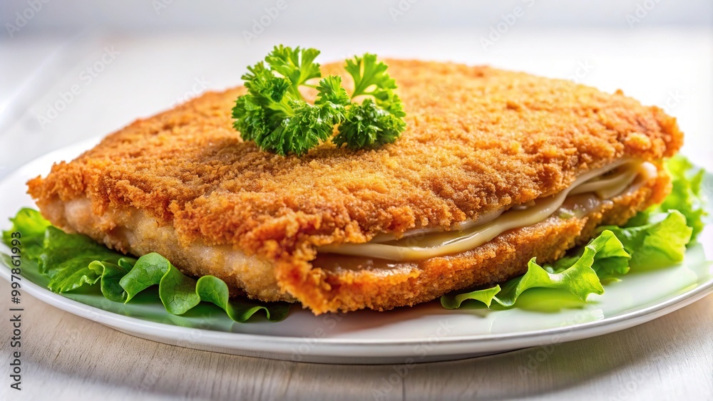 Extreme close-up of delicious breaded and filled veal meat Asturian cachopo Extreme close-up of delicious breaded and filled veal meat Asturian cachopo