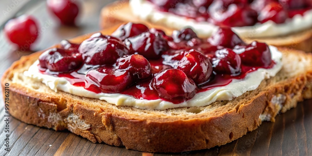 Extreme close-up of delicious toast with cream cheese and cherry jam Extreme close-up of delicious toast with cream cheese and cherry jam