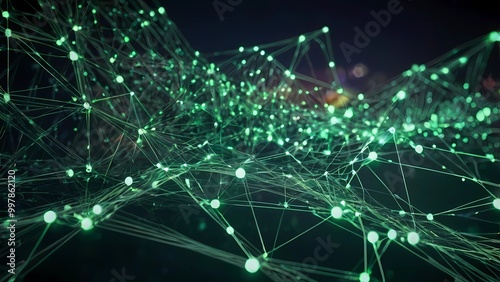 Neon green network patterns and bokeh effect showcase speed and connectivity. Perfect for visualizing digital transformation, cloud computing, and data flow in an abstract tech-inspired background.