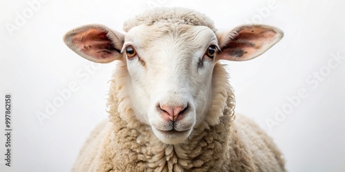 Extreme close-up of domestic sheep against white background