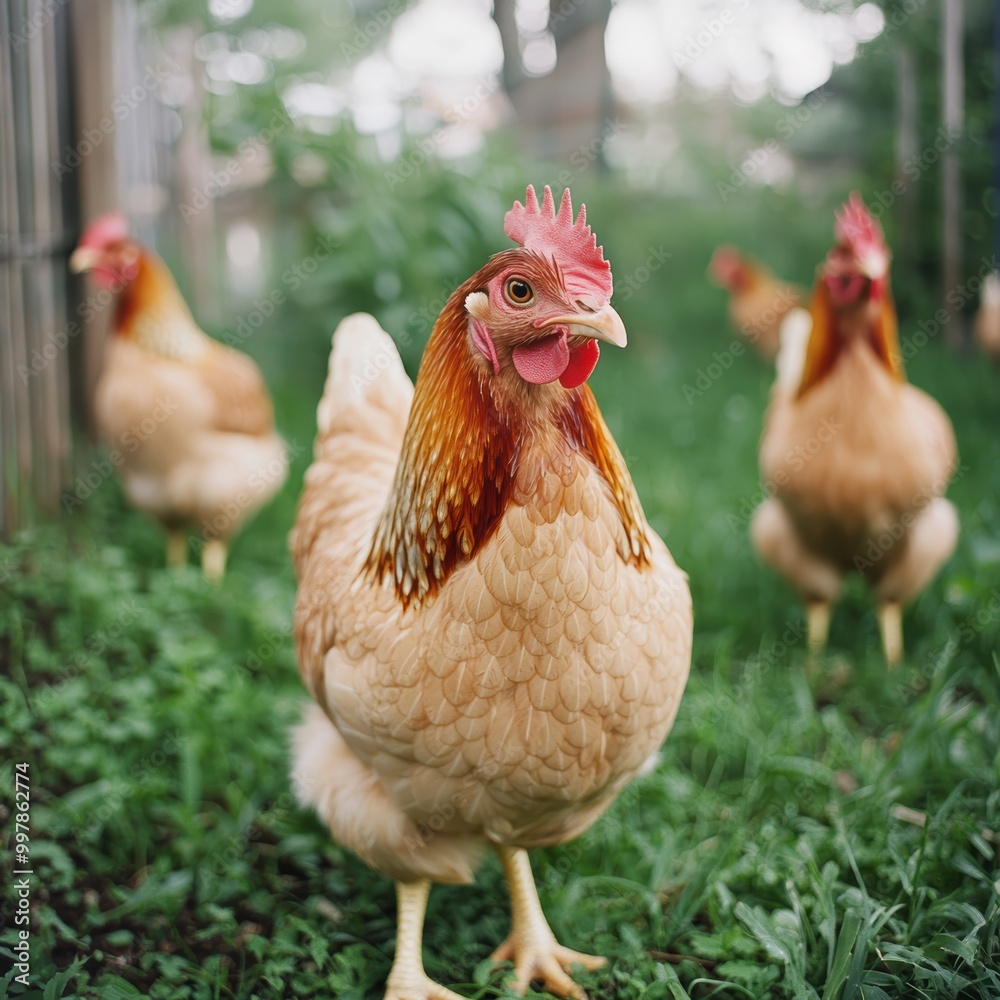 Fototapeta premium Lively Hens Foraging in Vibrant Garden Setting | Healthy Backyard Poultry Farming Concept