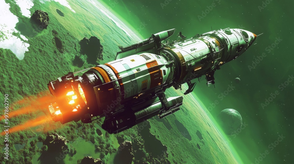 This scene depicts a sleek spaceship with bright engines firing, navigating through a colorful green nebula. Surrounding it are various celestial bodies, creating an awe-inspiring cosmic backdrop. This scene depicts a sleek spaceship with bright engines firing, navigating through a colorful green nebula. Surrounding it are various celestial bodies, creating an awe-inspiring cosmic backdrop.