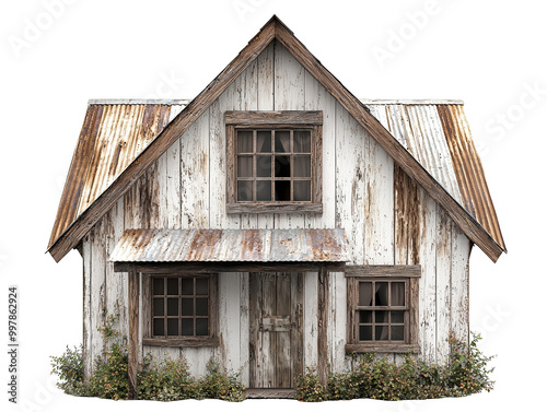 A weathered wooden house with a rusty metal roof and windows. The house has a front porch and is surrounded by green bushes.