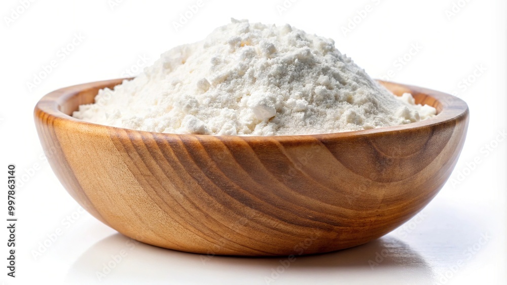 Extreme close-up of flour in wooden bowl on white background Extreme close-up of flour in wooden bowl on white background