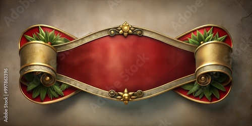 Red and Gold Scroll Frame with Green Leaves on Vintage Background with Copy Space
