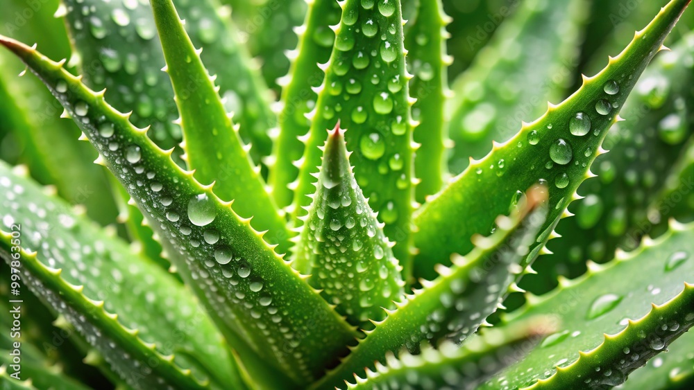 Extreme close-up of fresh aloe vera plant with water droplets on green leaves and spikes Extreme close-up of fresh aloe vera plant with water droplets on green leaves and spikes