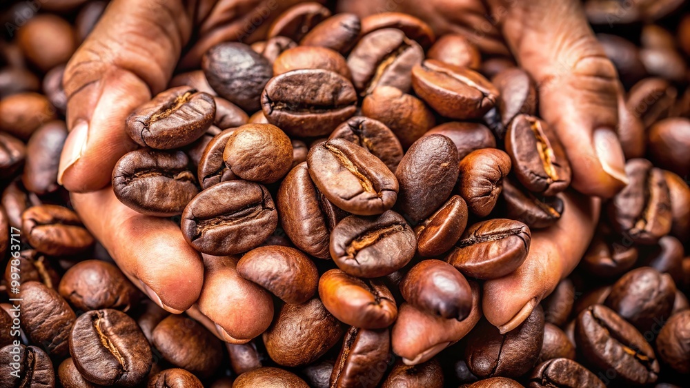 Obraz premium Extreme close-up of fresh organic coffee beans ripening on the branch