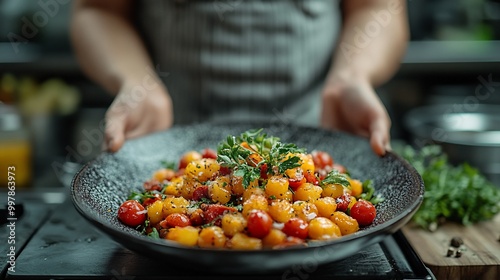 A chef holds a large plate of gnocchi with tomatoes and herbs.