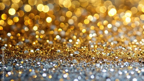 Extreme close-up of glitter flying, gold and silver texture background