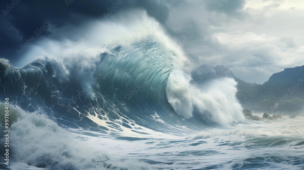 A huge wave crashes onto the shore very powerfully. A huge wave crashes onto the shore very powerfully.