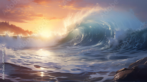 The waves crash onto the shore very powerfully, Sunset background.