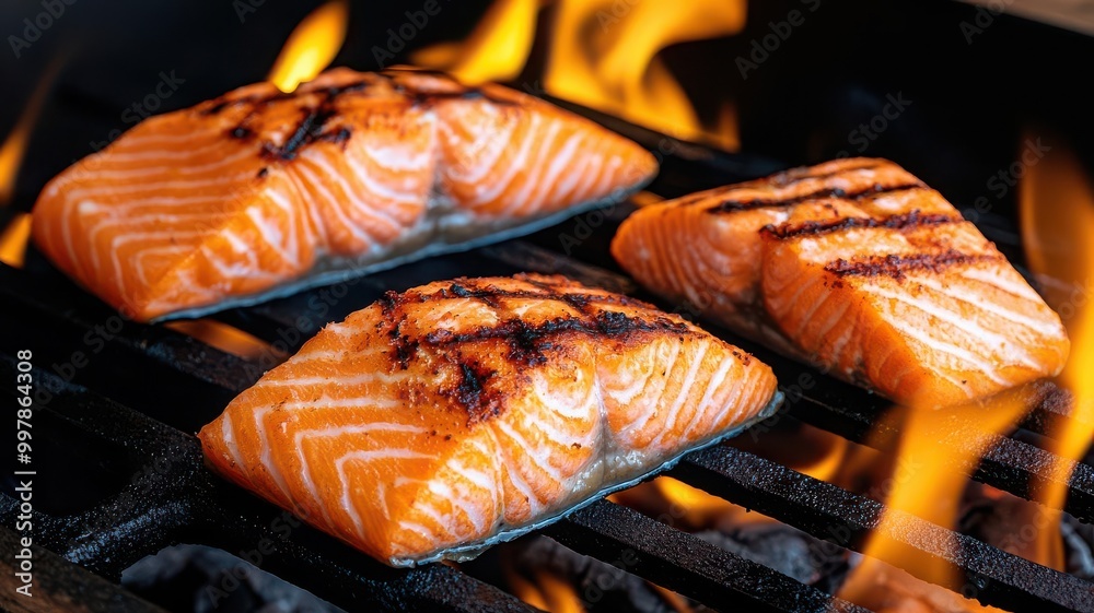 Sizzling grilled salmon with crispy skin on open flames, char marks ...