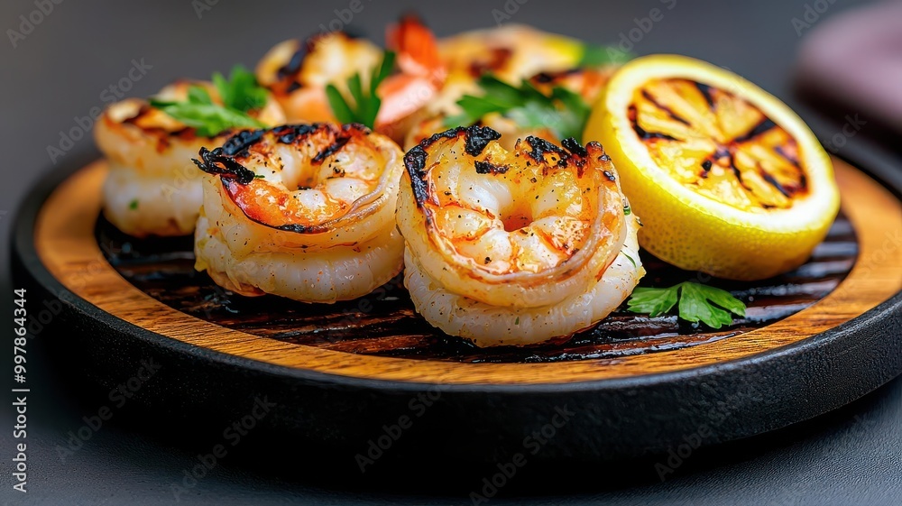 Sizzling grilled shrimp with garlic butter and charred lemon slices, seafood concept