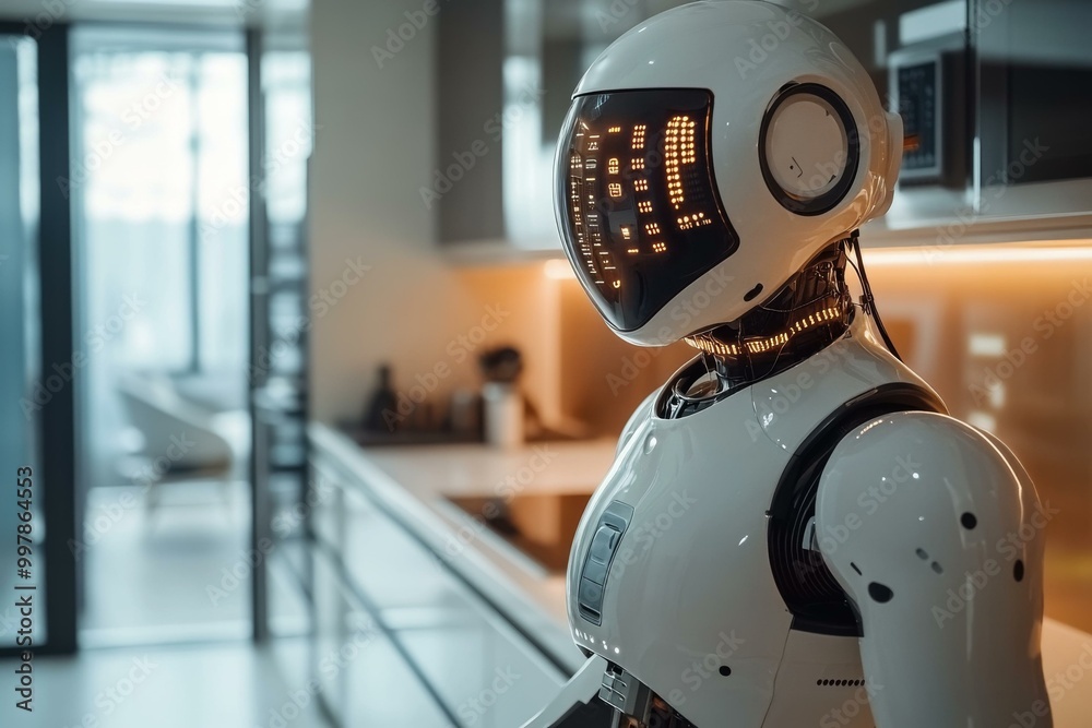 A futuristic robot standing in a modern kitchen, showcasing advanced design and technology. A futuristic robot standing in a modern kitchen, showcasing advanced design and technology.