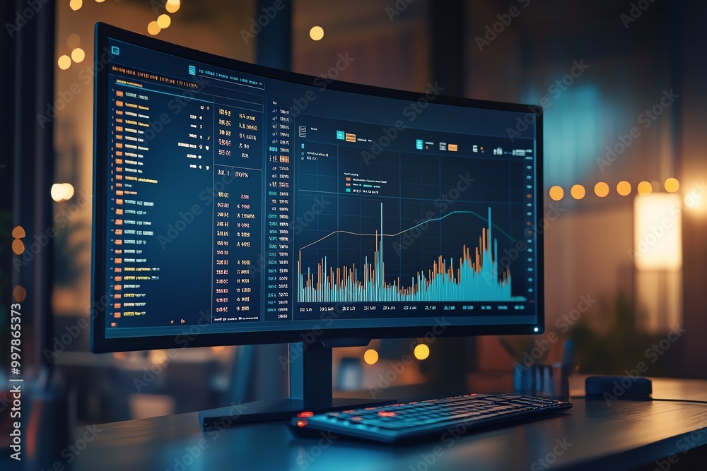 Longterm growth plan displayed on a large monitor, with key financial goals highlighted and investment charts rising steadily