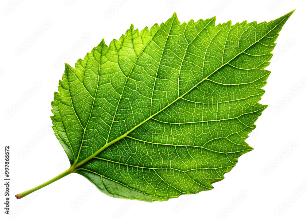 A close-up of a single green leaf isolated on a white background, showcasing its texture and veins, representing the beauty of nature and freshness A close-up of a single green leaf isolated on a white background, showcasing its texture and veins, representing the beauty of nature and freshness