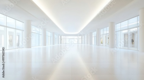 A large, empty, white room with a long hallway