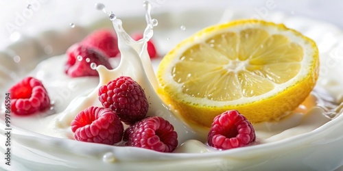 Extreme close-up of lemon and raspberries in a refreshing yogurt splash