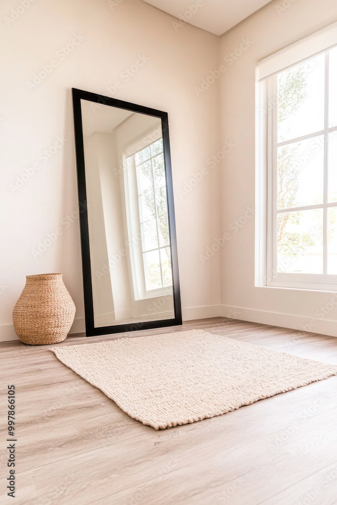 Fototapeta premium A minimalist room featuring a large mirror and woven basket beside a soft area rug on wooden flooring during daylight
