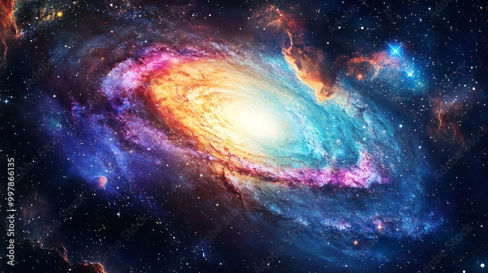 Fototapeta premium A vibrant, swirling galaxy with bright, colorful nebulae and a star field.