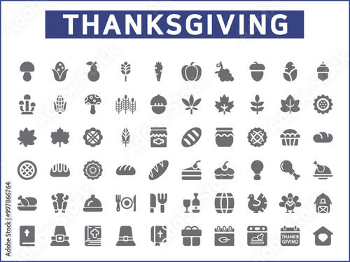 Set of Thanksgiving Icons line style. Contains such Icons as autumn, food, drink, celebration, Pilgrims, decorations, farming, gifts, nature, produce And Other Elements.