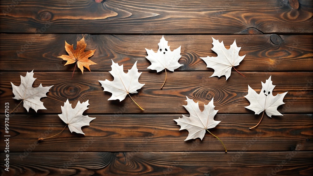 Extreme close-up of paper ghosts resembling maple leaves on a dark wood surface, with copy space. Extreme close-up of paper ghosts resembling maple leaves on a dark wood surface, with copy space.