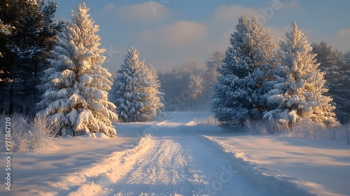 Frosty winter landscape with snow-covered pine trees for Christmas