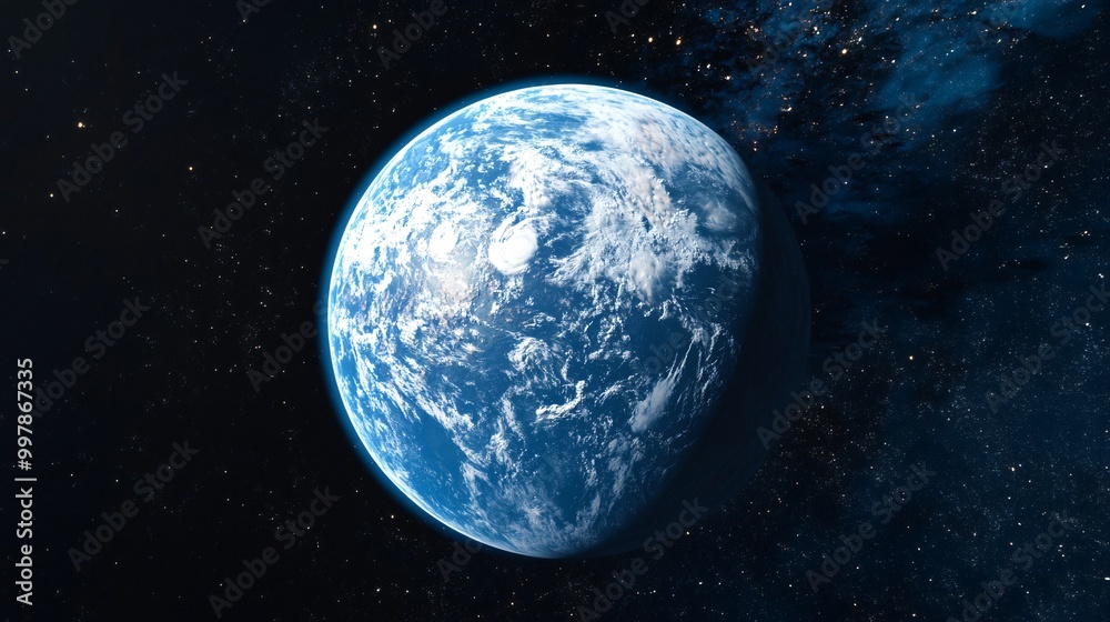 A view of the Earth from space with white clouds, a blue ocean, and a starry black background. A view of the Earth from space with white clouds, a blue ocean, and a starry black background.