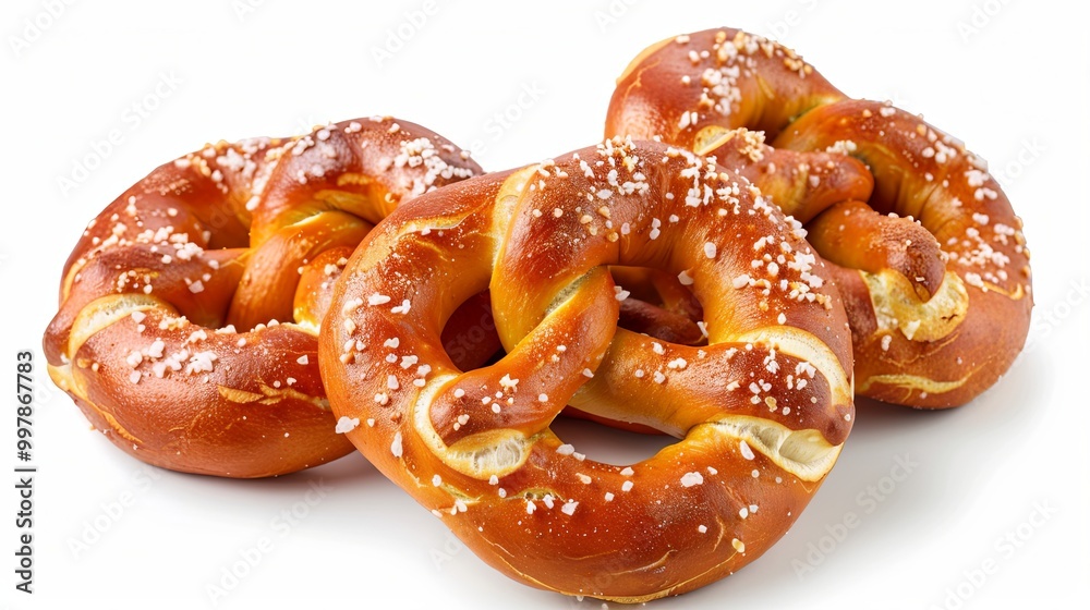 Freshly baked soft pretzels displayed against a clean white background, captured in a highly detailed and ultra-realistic style, highlighting their golden-brown texture and twisted design. Freshly baked soft pretzels displayed against a clean white background, captured in a highly detailed and ultra-realistic style, highlighting their golden-brown texture and twisted design.