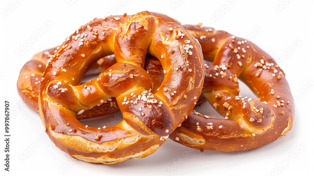 Freshly baked soft pretzels displayed against a clean white background, captured in a highly detailed and ultra-realistic style, highlighting their golden-brown texture and twisted design. Freshly baked soft pretzels displayed against a clean white background, captured in a highly detailed and ultra-realistic style, highlighting their golden-brown texture and twisted design.