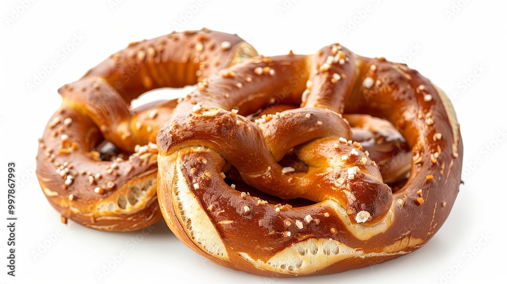 Freshly baked soft pretzels displayed against a clean white background, captured in a highly detailed and ultra-realistic style, highlighting their golden-brown texture and twisted design. Freshly baked soft pretzels displayed against a clean white background, captured in a highly detailed and ultra-realistic style, highlighting their golden-brown texture and twisted design.