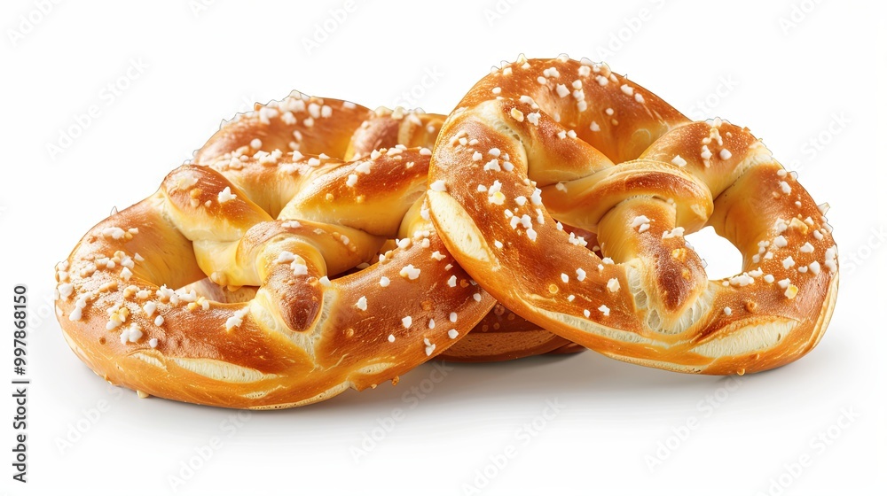 Freshly baked soft pretzels displayed against a clean white background, captured in a highly detailed and ultra-realistic style, highlighting their golden-brown texture and twisted design.
