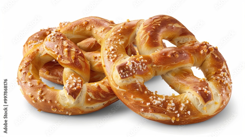 Freshly baked soft pretzels displayed against a clean white background, captured in a highly detailed and ultra-realistic style, highlighting their golden-brown texture and twisted design. Freshly baked soft pretzels displayed against a clean white background, captured in a highly detailed and ultra-realistic style, highlighting their golden-brown texture and twisted design.