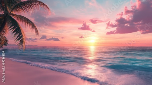 A beach scene with palm trees, crystal-clear waters, and a vibrant sunset, capturing the essence of summer vacation and relaxation. Room for text on the sky.