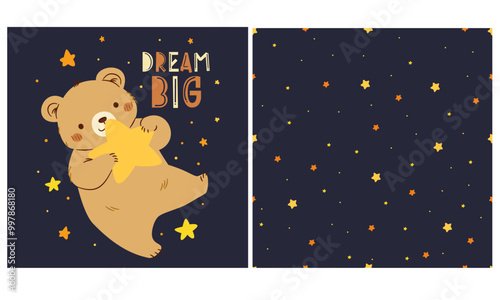 A set of vector prints for printing on children's products. Cute bear flying in space with star, seamless vector pattern with stars on dark background . Vector illustration