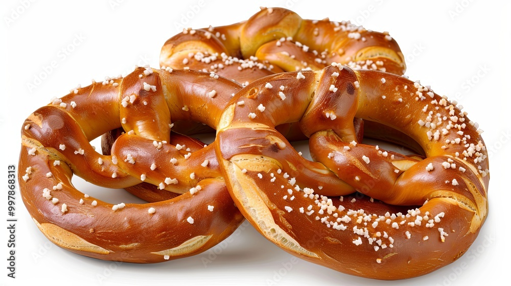 Freshly baked soft pretzels displayed against a clean white background, captured in a highly detailed and ultra-realistic style, highlighting their golden-brown texture and twisted design. Freshly baked soft pretzels displayed against a clean white background, captured in a highly detailed and ultra-realistic style, highlighting their golden-brown texture and twisted design.