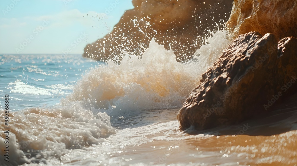 The beautiful deep blue ocean waves meet golden sand, splashing foam against jagged rocks with the waves crashing against natural rock formations in the sunlight.