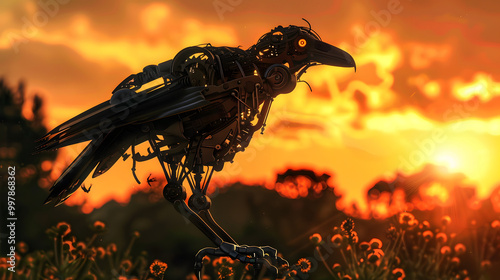 A concept of a robotic crow equipped with advanced technology and AI. photo