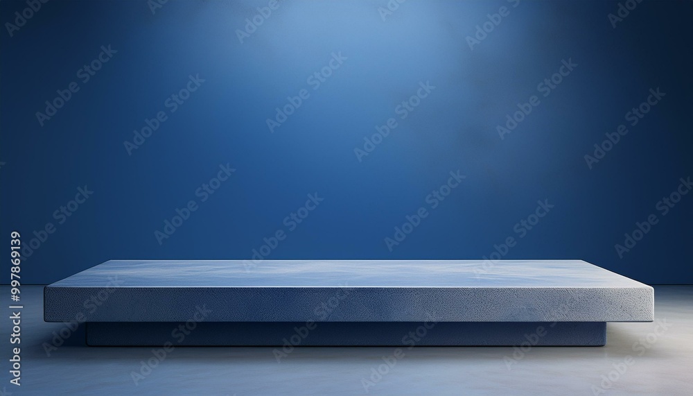 Studio with podium for product presentation. Empty floor and blue wall with stand. 3D room with gradient background. Countertop with concrete or marble texture. studio presentation a product. Studio with podium for product presentation. Empty floor and blue wall with stand. 3D room with gradient background. Countertop with concrete or marble texture. studio presentation a product.