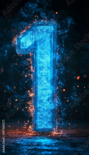 A glowing blue number one engulfed in flames on a dark background.