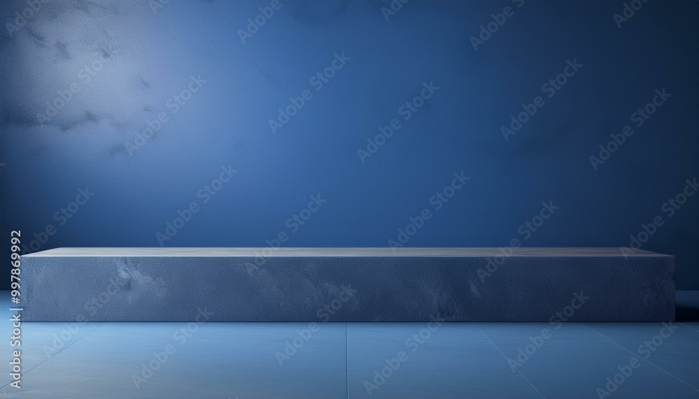 Studio with podium for product presentation. Empty floor and blue wall with stand. 3D room with gradient background. Countertop with concrete or marble texture. studio presentation a product. Studio with podium for product presentation. Empty floor and blue wall with stand. 3D room with gradient background. Countertop with concrete or marble texture. studio presentation a product.