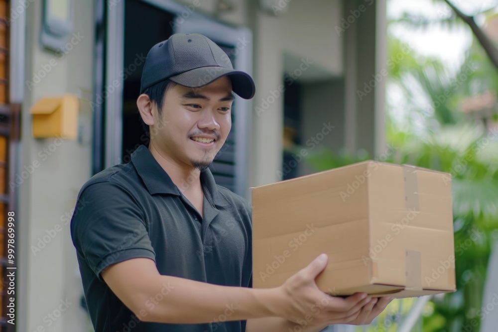 In Home Delivery. Professional Service: Asian Man Receives Packages from Deliveryman In Home Delivery. Professional Service: Asian Man Receives Packages from Deliveryman
