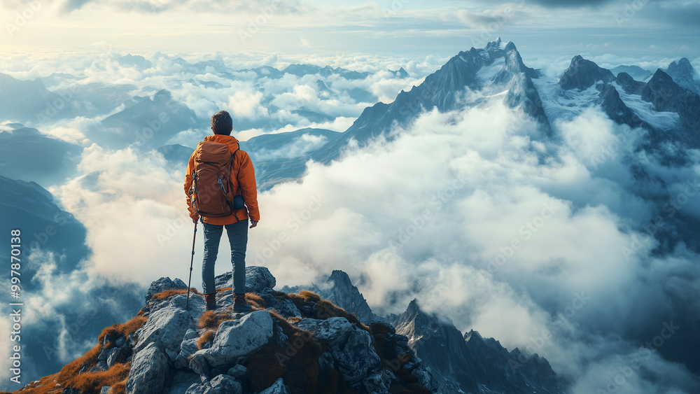 A solitary hiker surveys the clouds from a mountain summit A solitary hiker surveys the clouds from a mountain summit