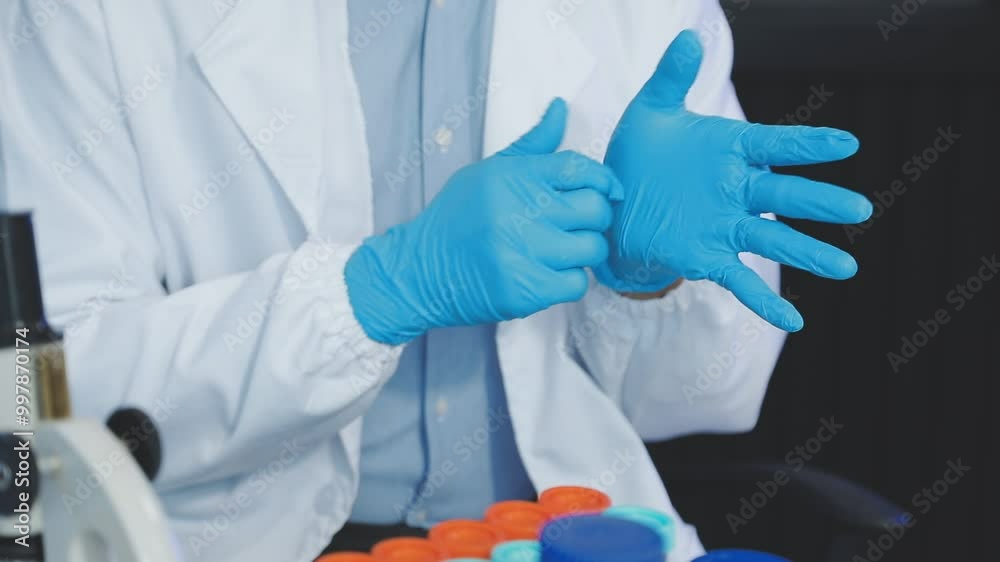 Woman doctor putting blue latex medical gloves on white wall background.Surgeon wearing gloves before surgery at operating room.Risk management protection health care concept. Woman doctor putting blue latex medical gloves on white wall background.Surgeon wearing gloves before surgery at operating room.Risk management protection health care concept.
