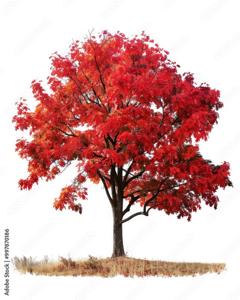 Fototapeta premium Isolated Autumn Tree. Bright Red Maple Tree with White Background in Fall Season