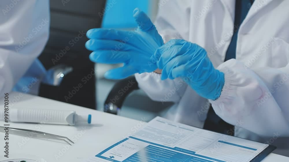 Woman doctor putting blue latex medical gloves on white wall background.Surgeon wearing gloves before surgery at operating room.Risk management protection health care concept. Woman doctor putting blue latex medical gloves on white wall background.Surgeon wearing gloves before surgery at operating room.Risk management protection health care concept.