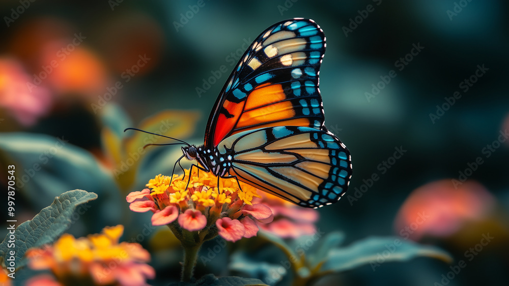 Fototapeta premium A vibrant butterfly rests on a flower in bloom