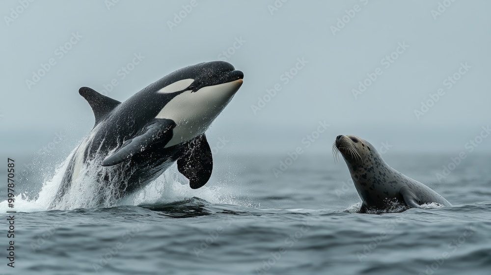 Obraz premium Orca Leaping Towards Seal in the Ocean