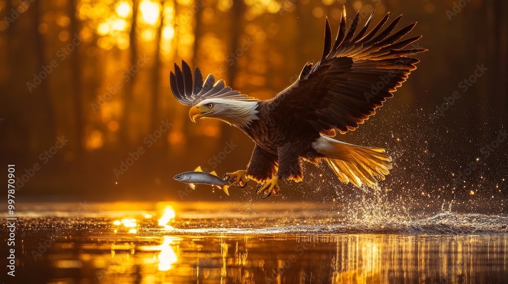 Fototapeta premium Majestic Bald Eagle Catching Fish at Sunset