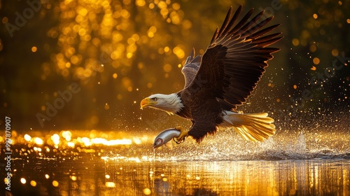 Majestic Bald Eagle Capturing Fish at Sunset photo